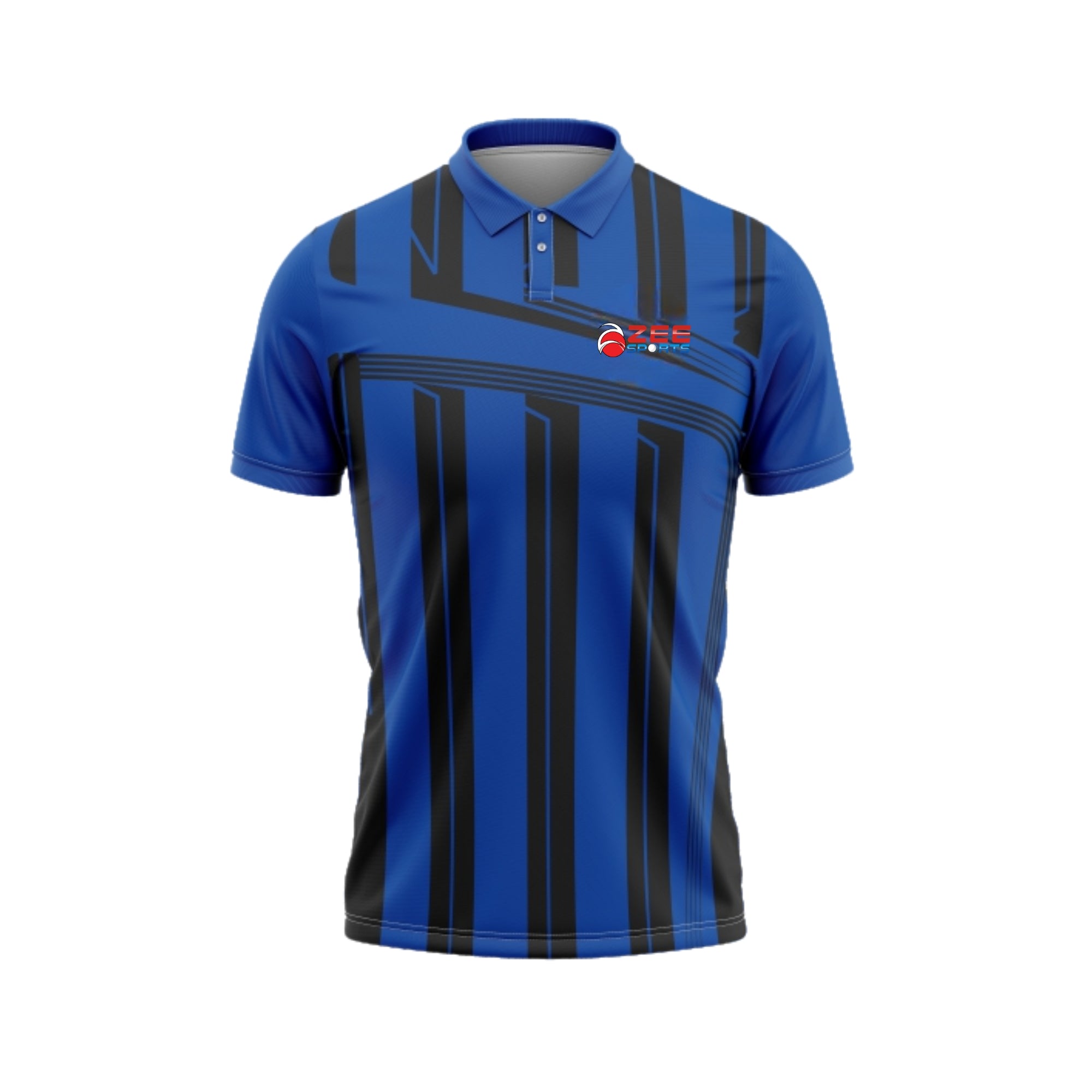 Blue and black striped polo shirt with a logo on a white background