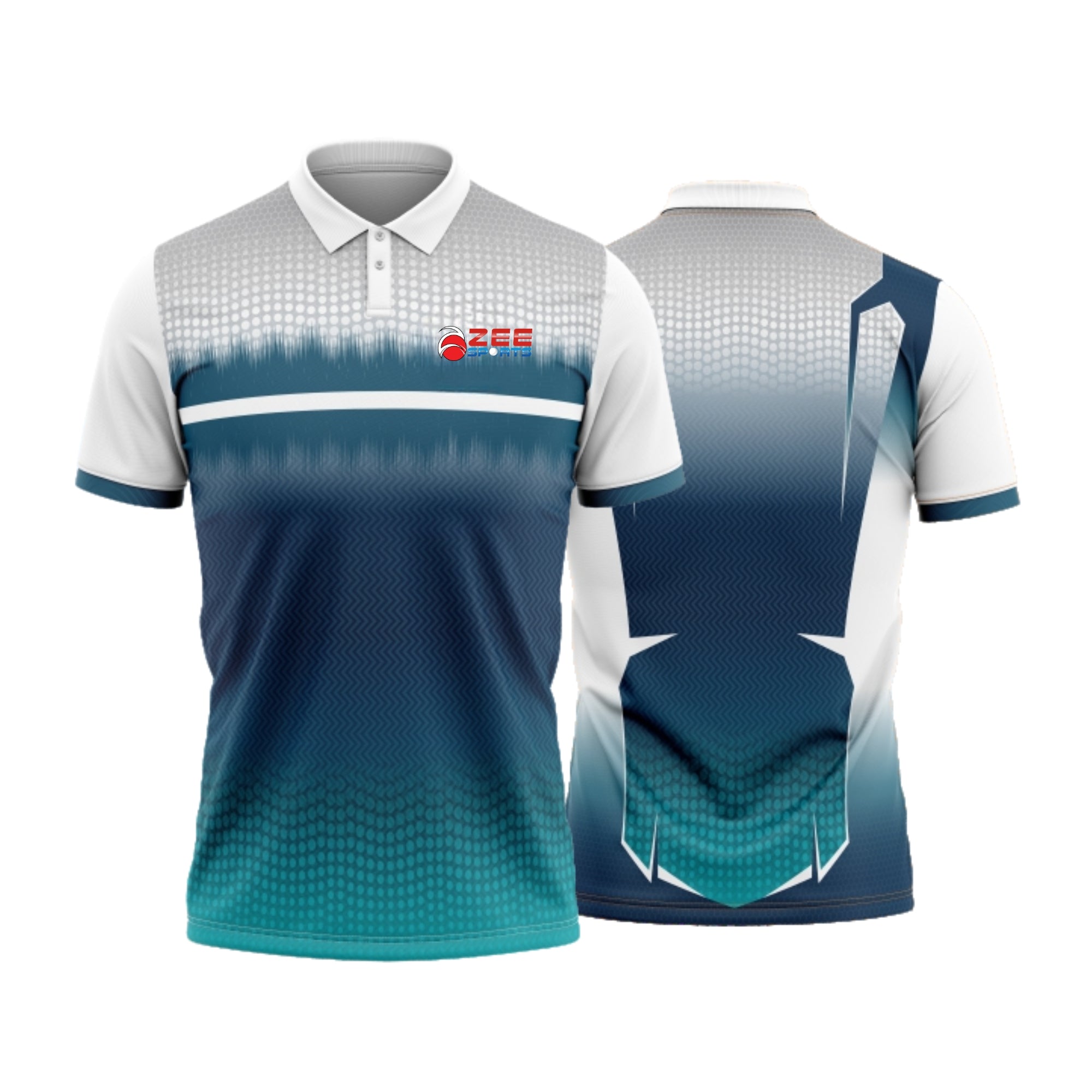 Blue and white sports jersey with a brand logo on a white background