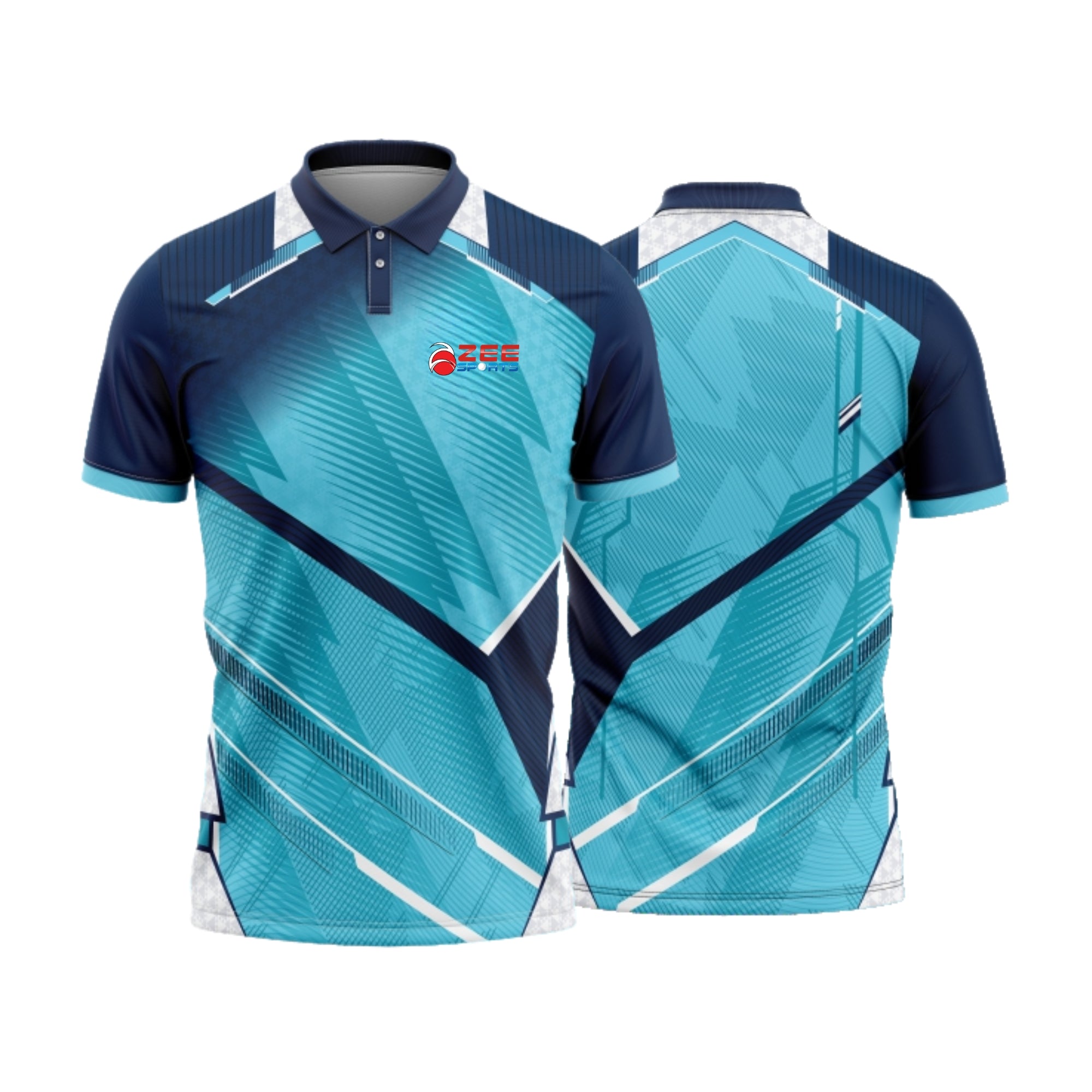 Blue and navy sports shirt with geometric pattern on a white background