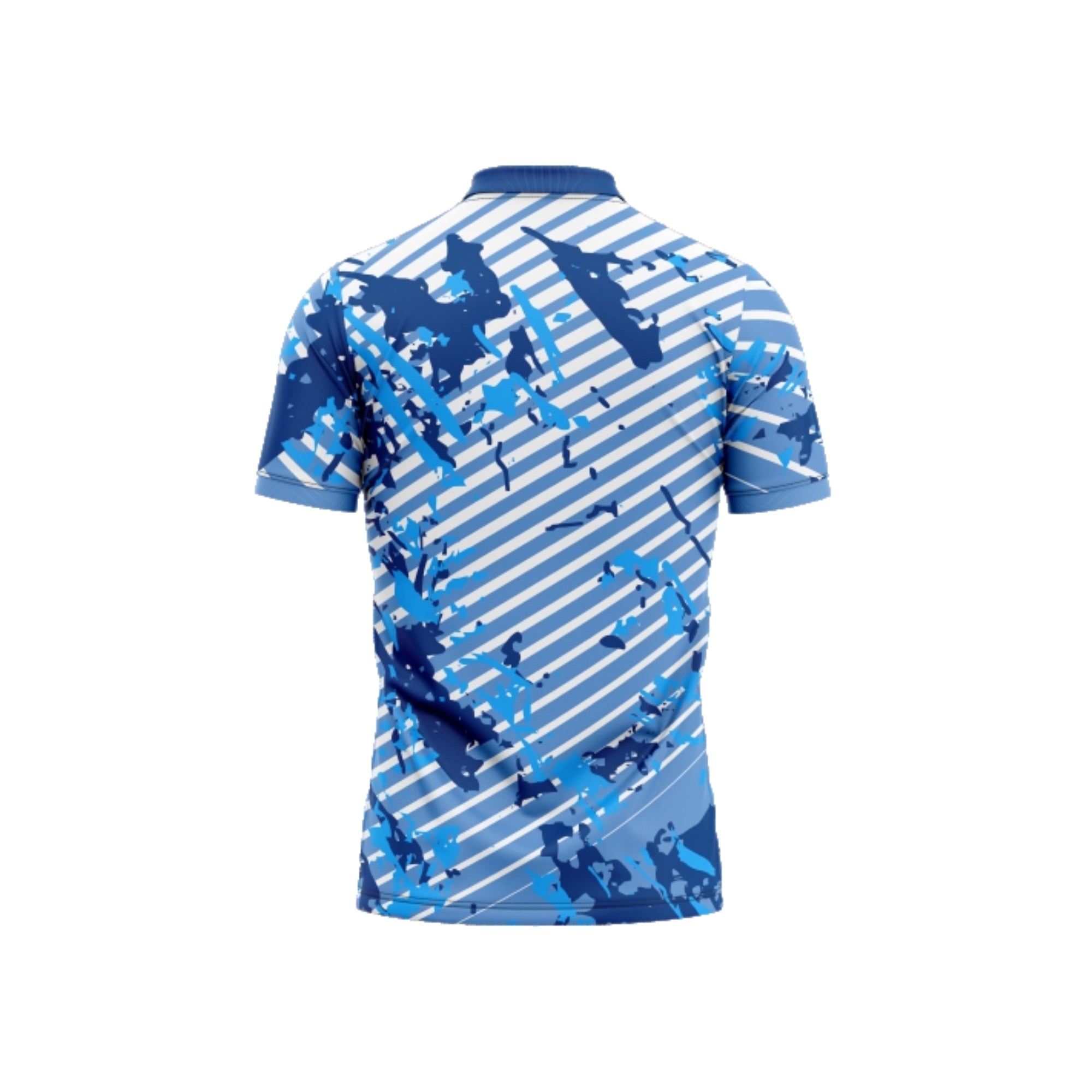 Blue and white striped shirt with abstract patterns on a white background
