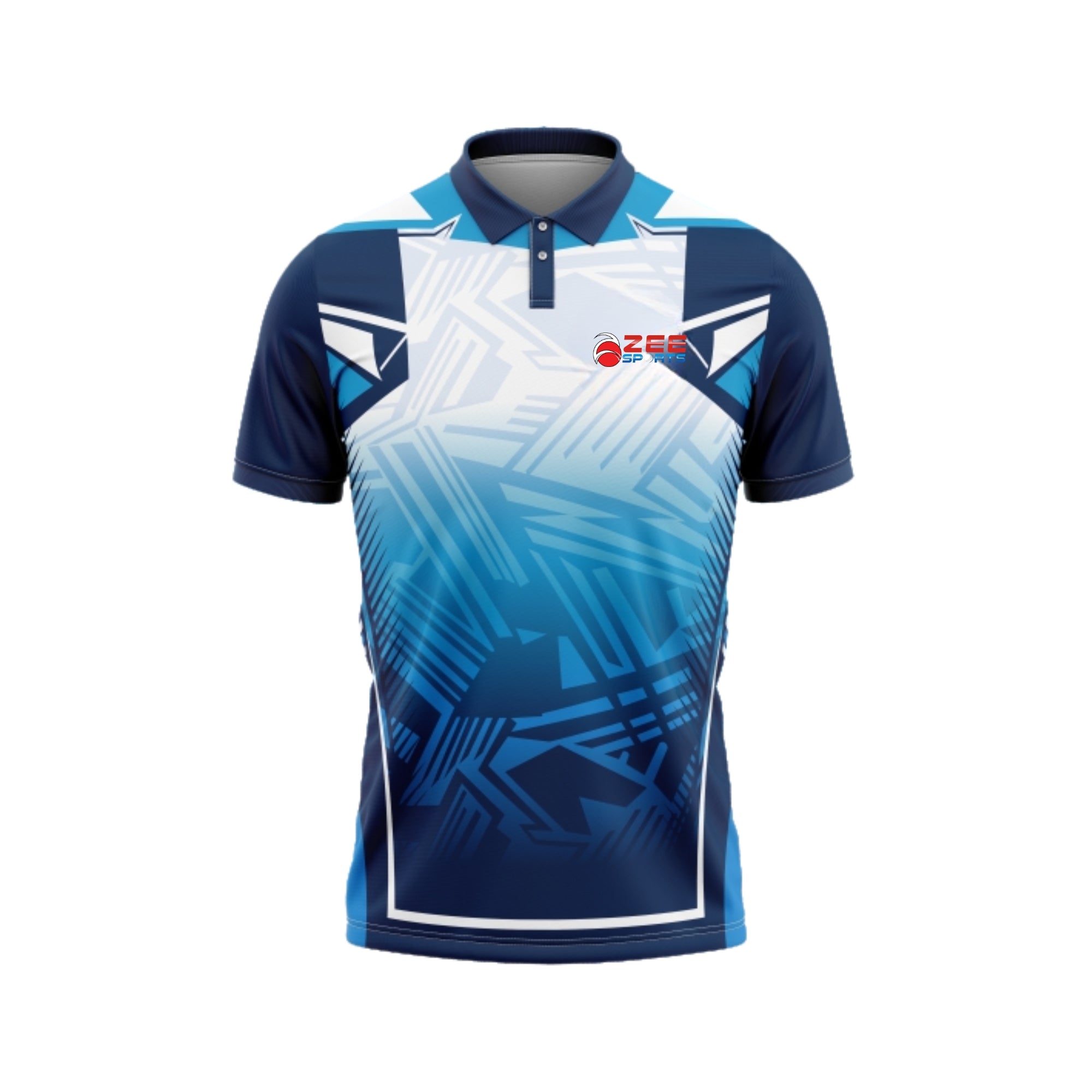 Blue and white sports jersey with geometric patterns on a white background