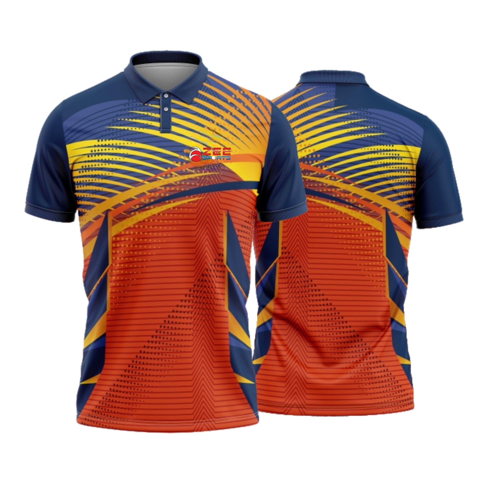 Orange and blue sports jersey with geometric pattern on a white background