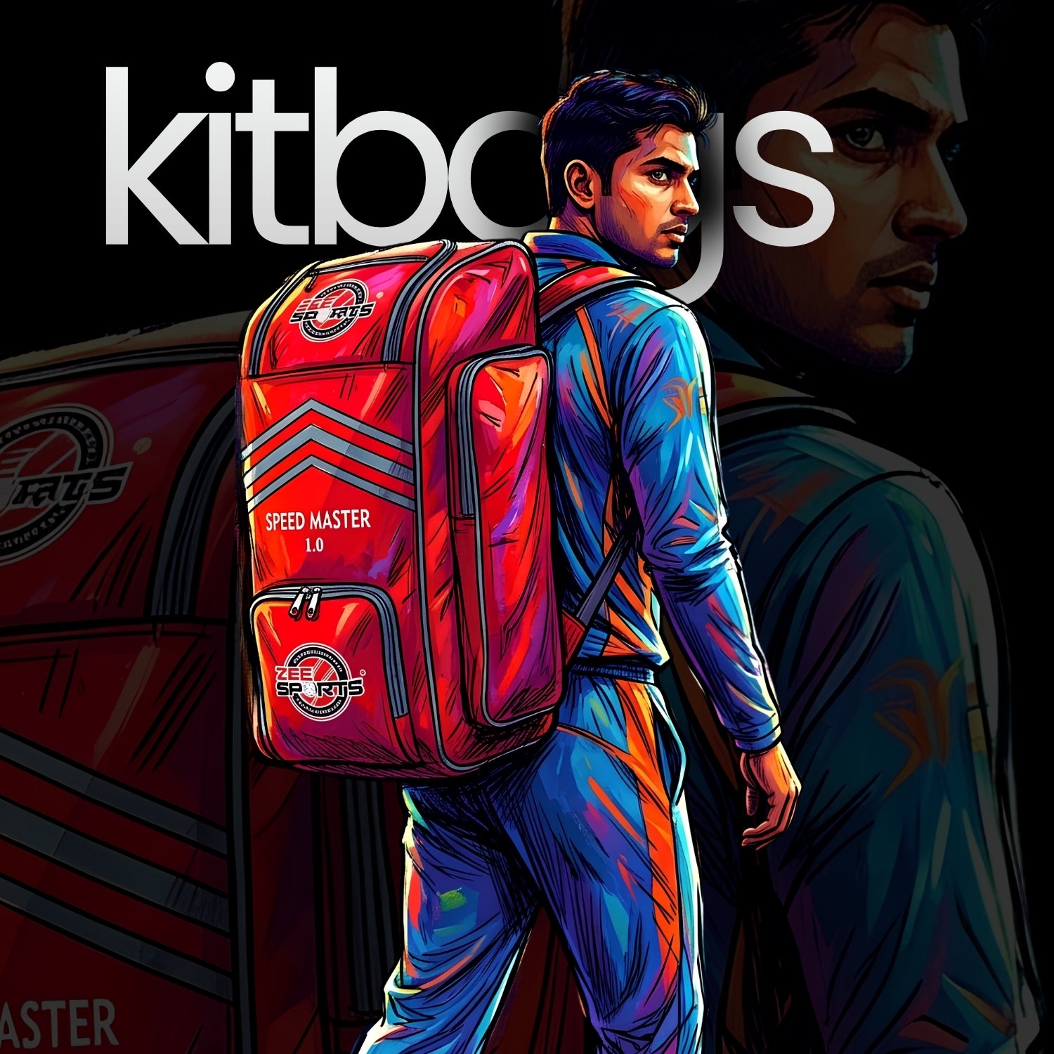 Person with a red backpack featuring 'kitbag' branding, with a dark background. zeesports