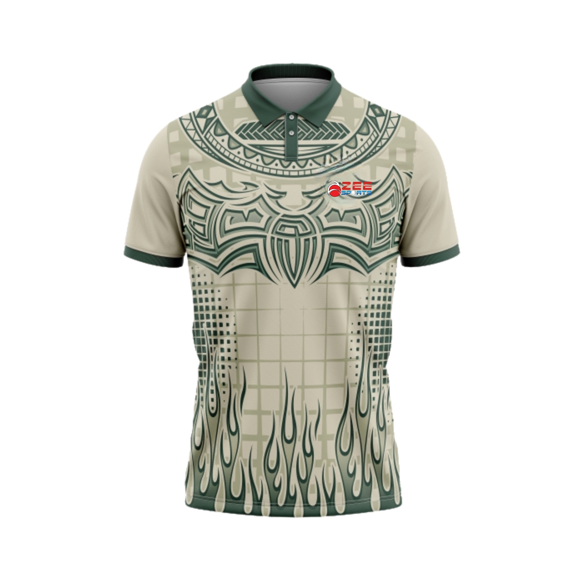 Beige and green sports jersey with tribal patterns on a white background