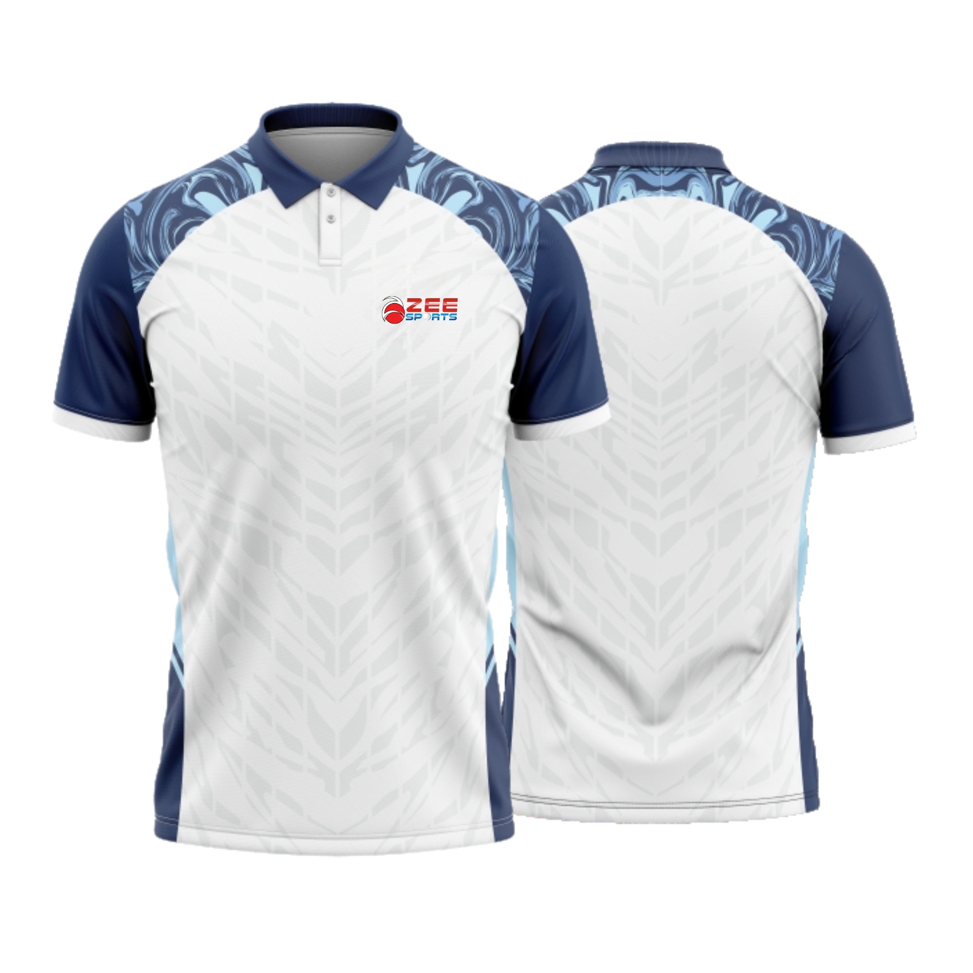 White sports jersey with blue accents and a visible brand logo on a white background