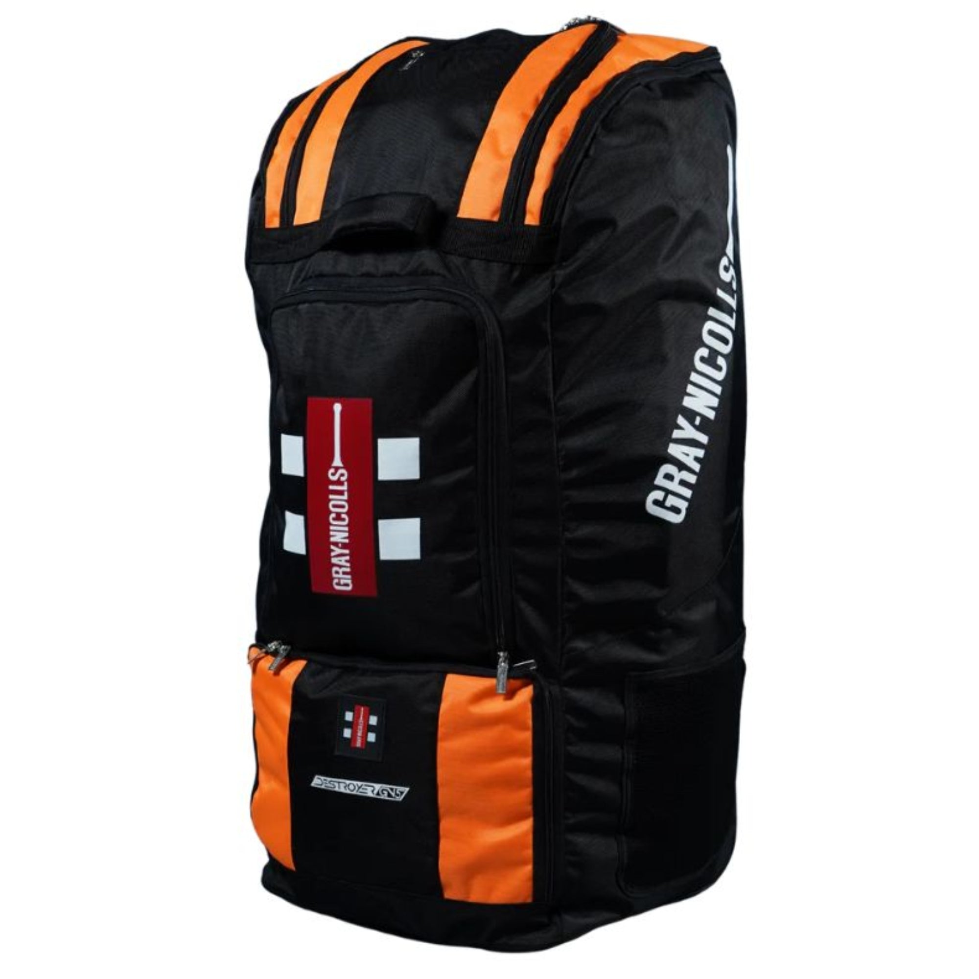 Black and orange sports bag with visible branding on a white background
