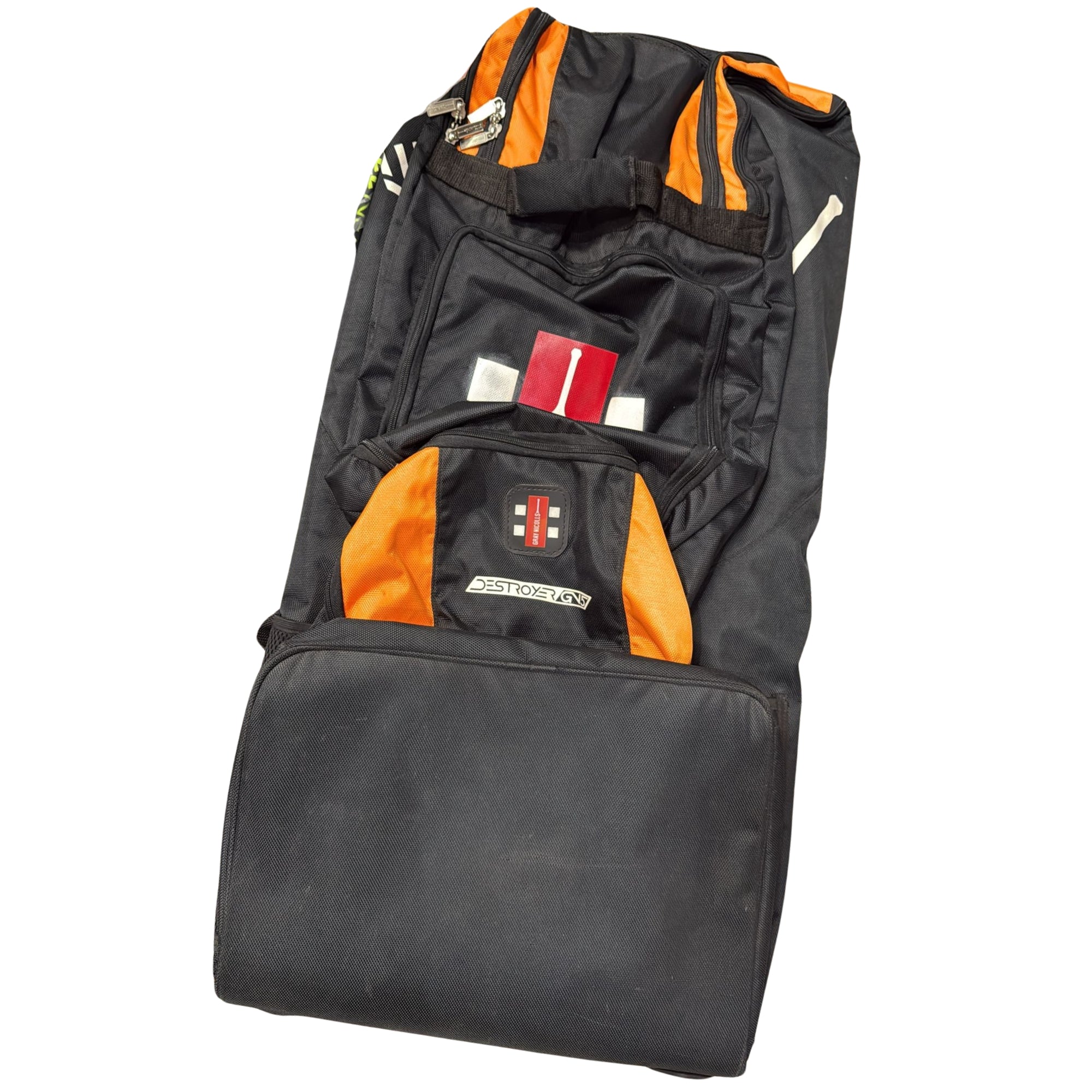 Black and orange backpack with visible branding on a white background