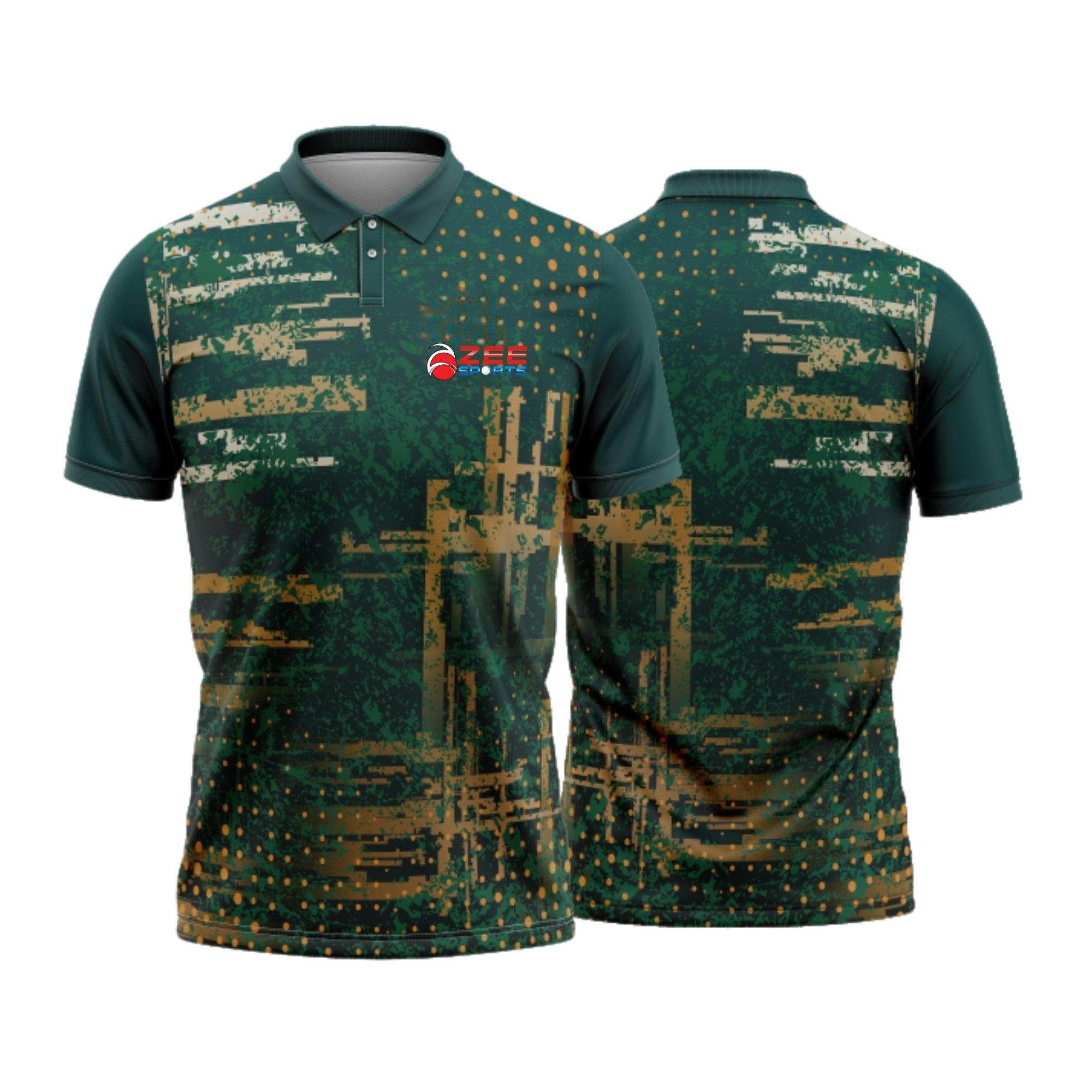 Green camouflage polo shirt with zeesports logo on a white background