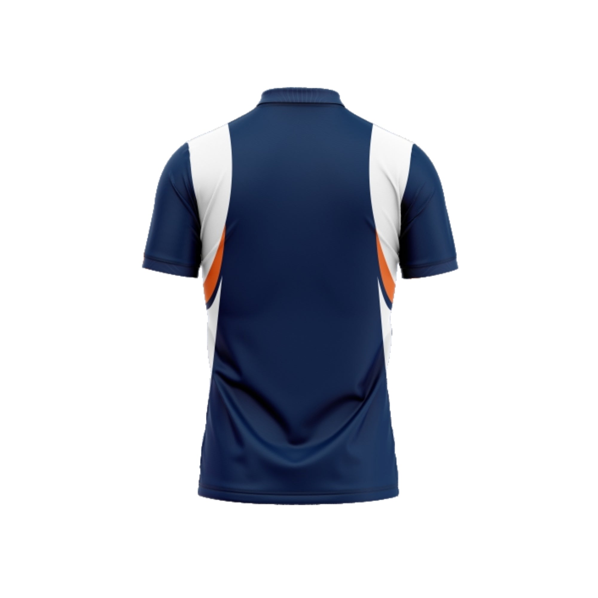 Navy blue and white sports shirt with orange accents on a white background