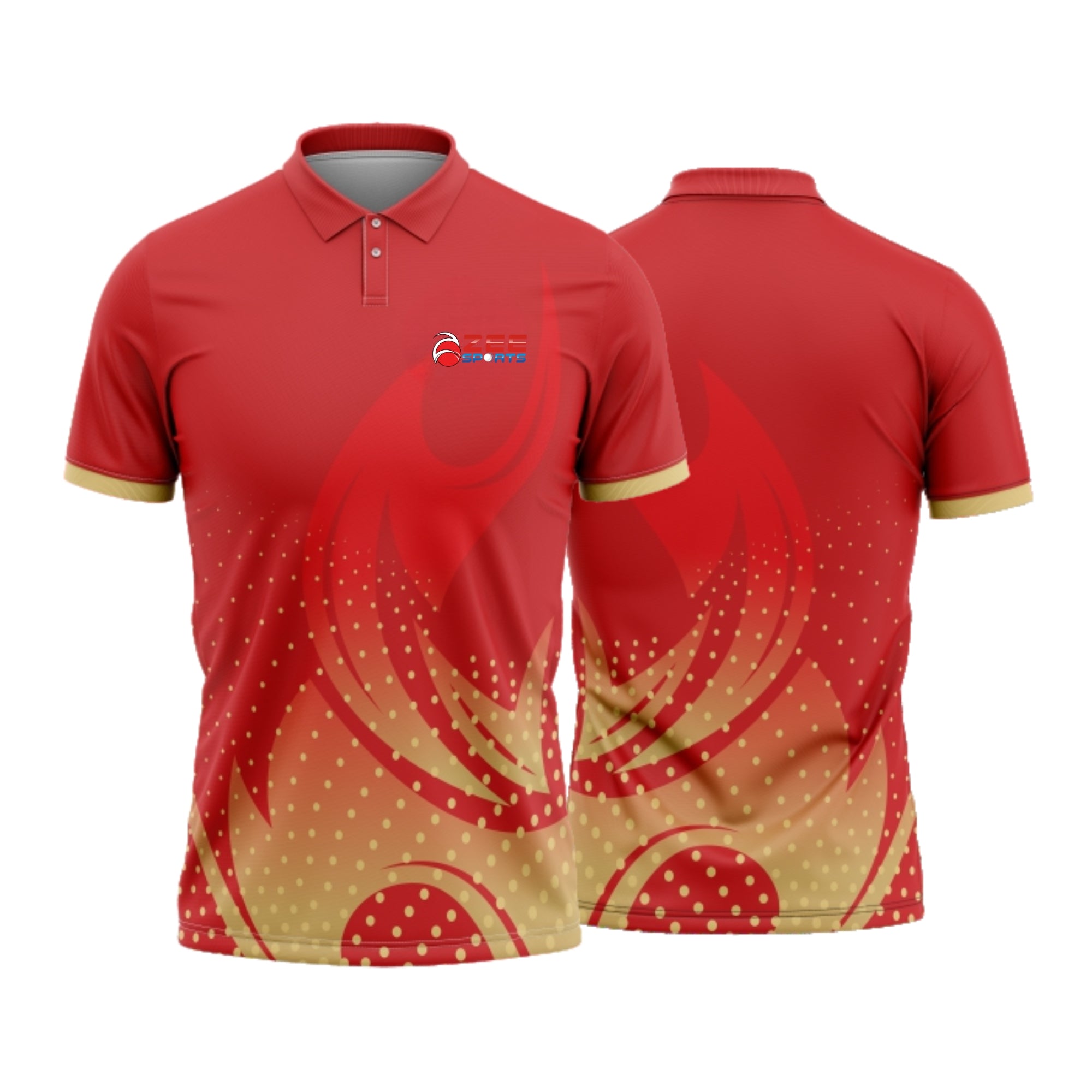Red polo shirt with a pattern and zeesports logo on a white background
