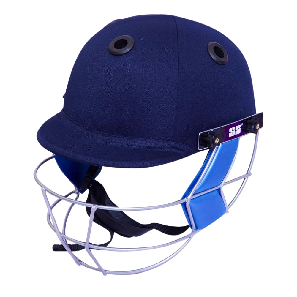 Front view of the SS Gutsy cricket batting helmet in navy blue, featuring lightweight polypropylene construction and high-density EVA lining for superior protection.