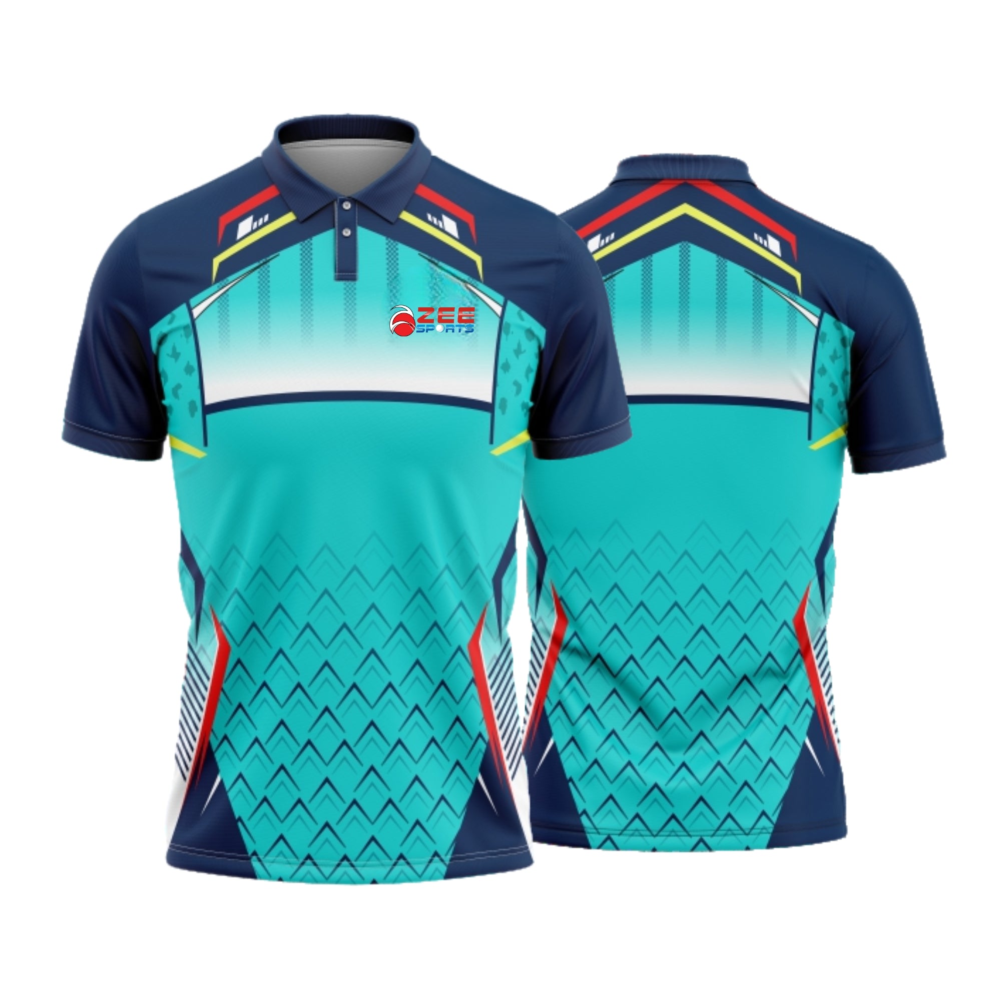 Teal and navy sports jersey with geometric pattern on a white background