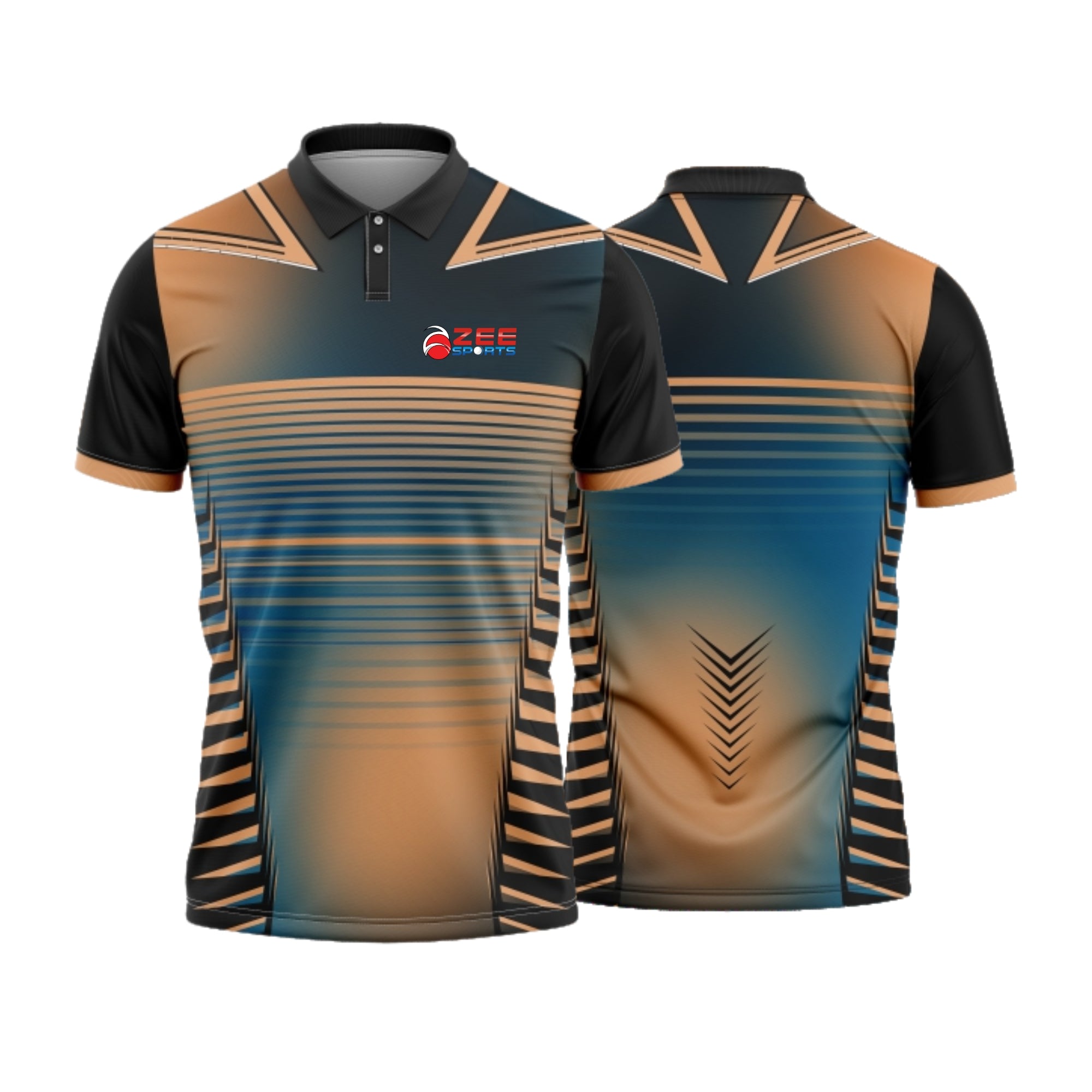 Black and brown striped polo shirt with a zeesports brand logo on a white background