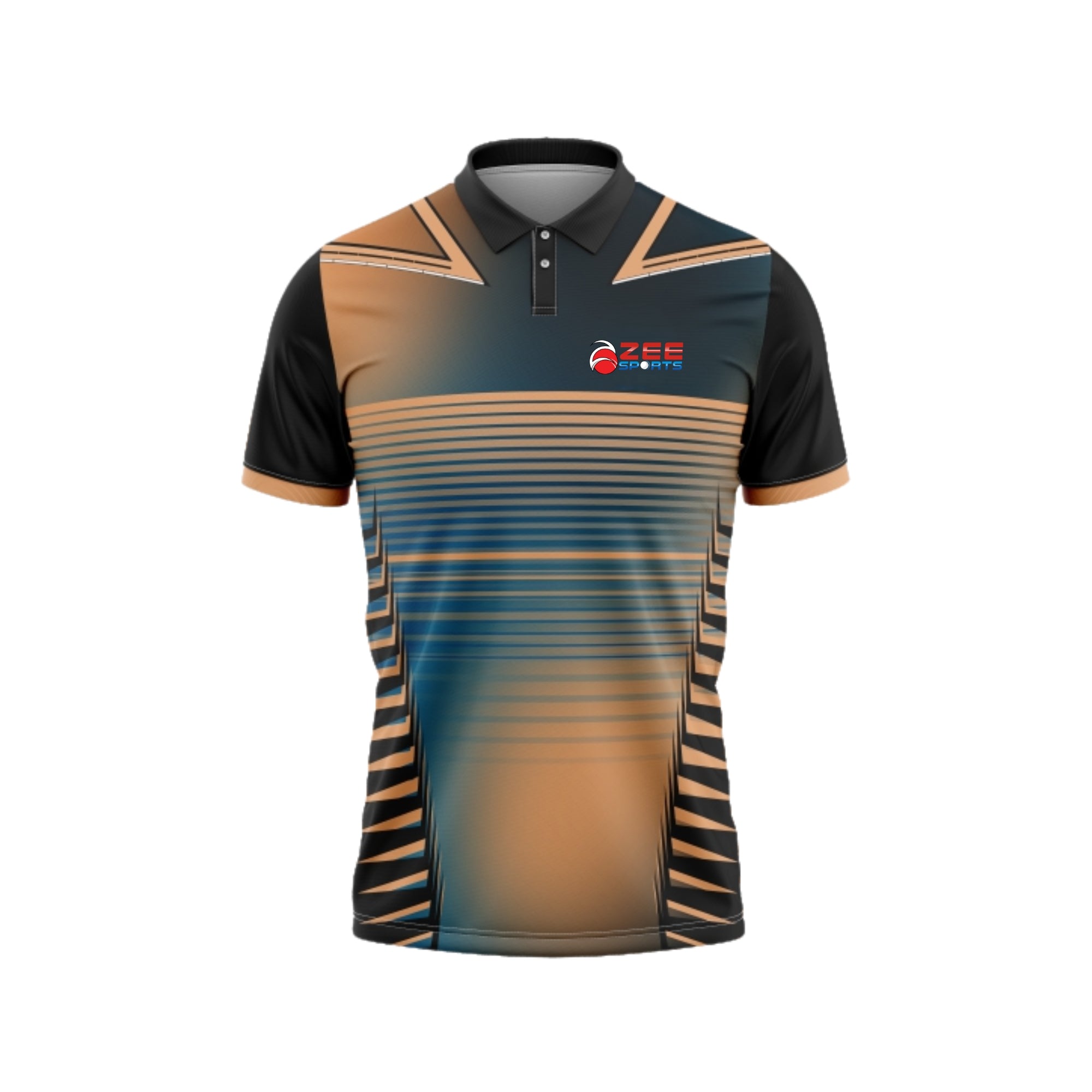 Colorful polo shirt with a zeesports brand logo on a white background