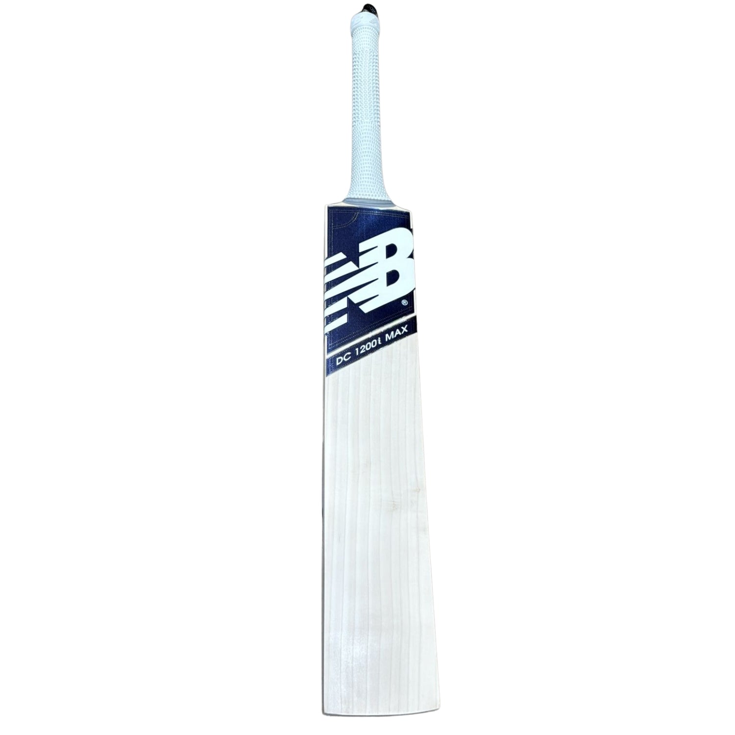White cricket bat with New Balance logo on a white background