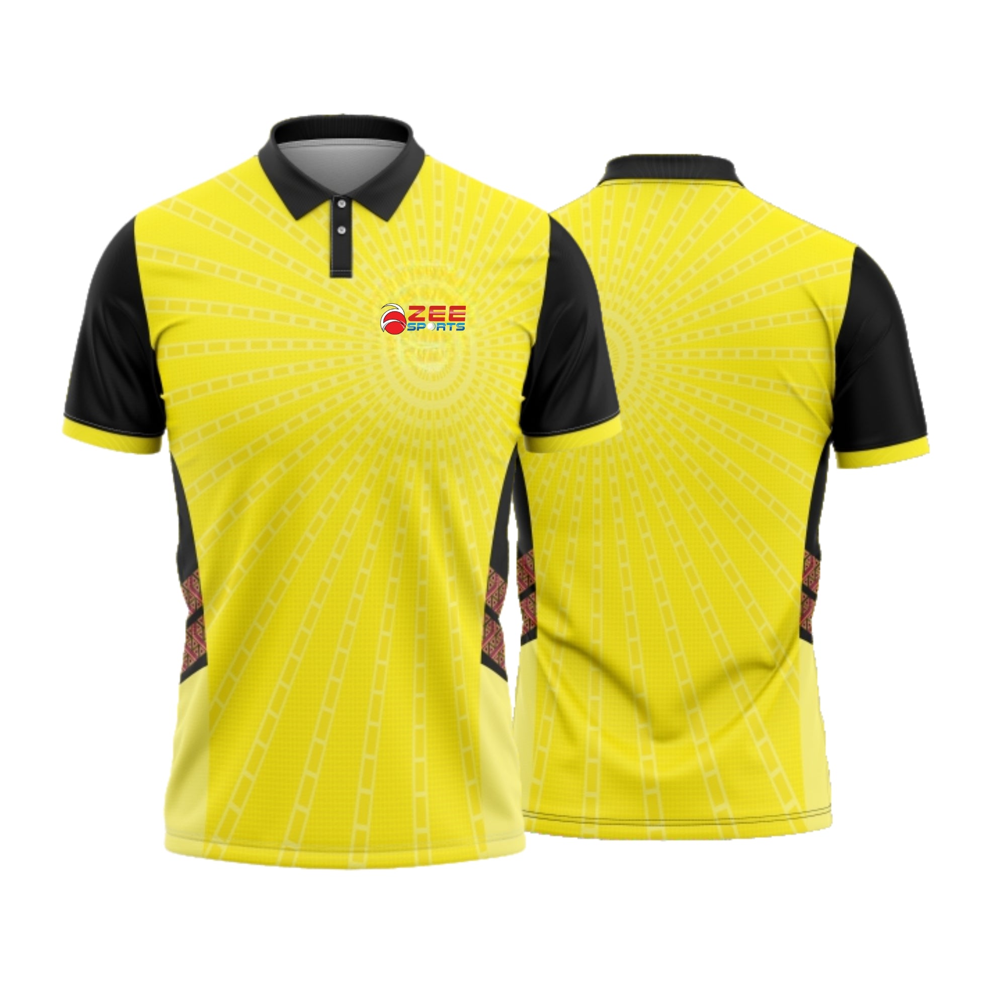 Yellow polo shirt with black sleeves and collar, featuring a zeesports logo on the chest, shown from front and back views.
