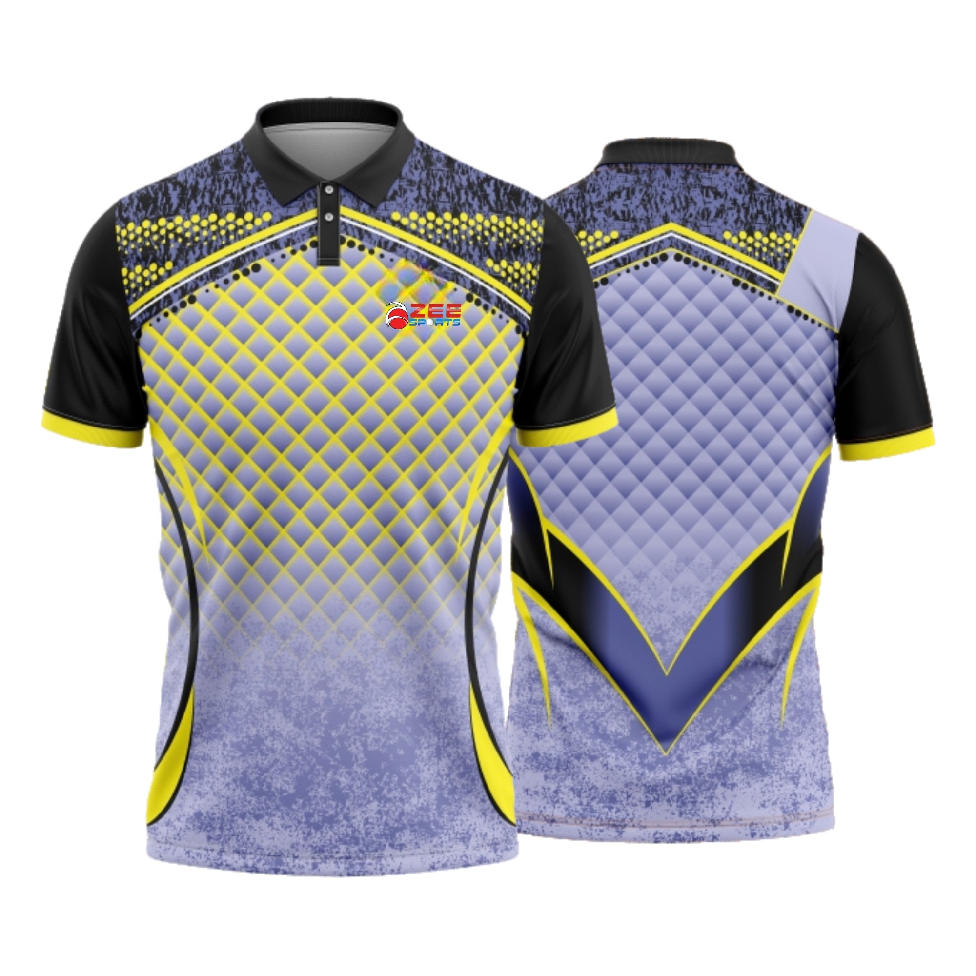 Black and blue sports jersey with yellow accents on a white background