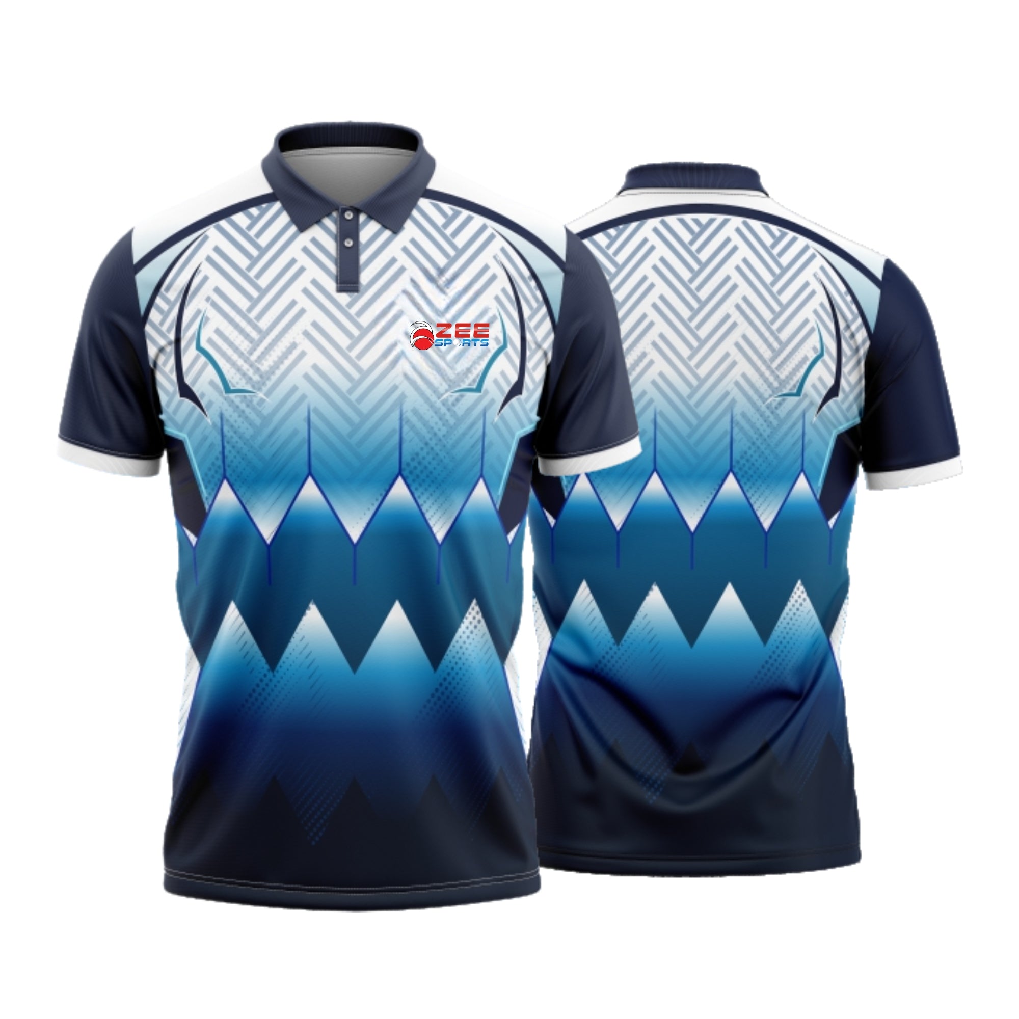 Blue and white sports jersey with geometric pattern on a white background