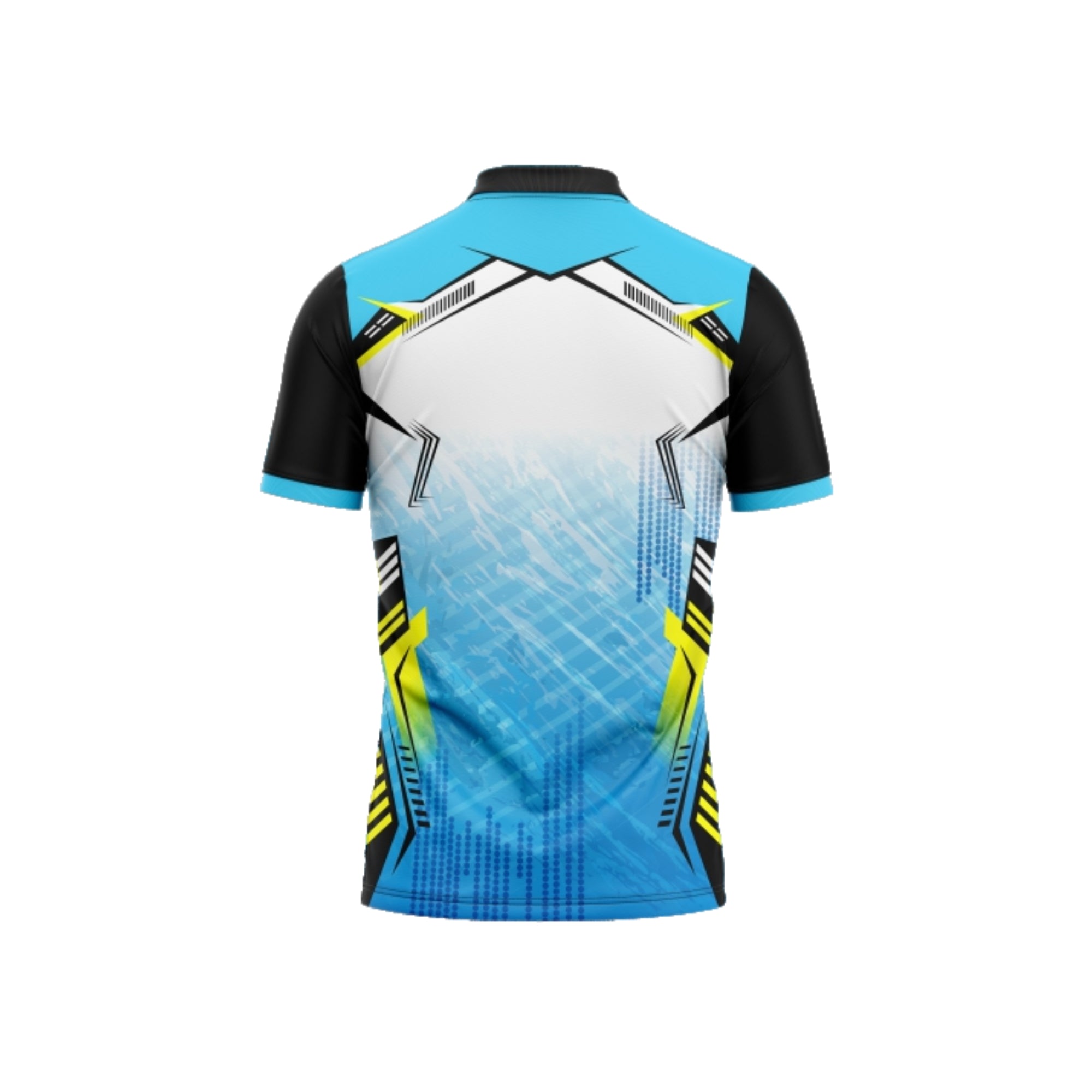 Colorful sports jersey with geometric patterns on a white background