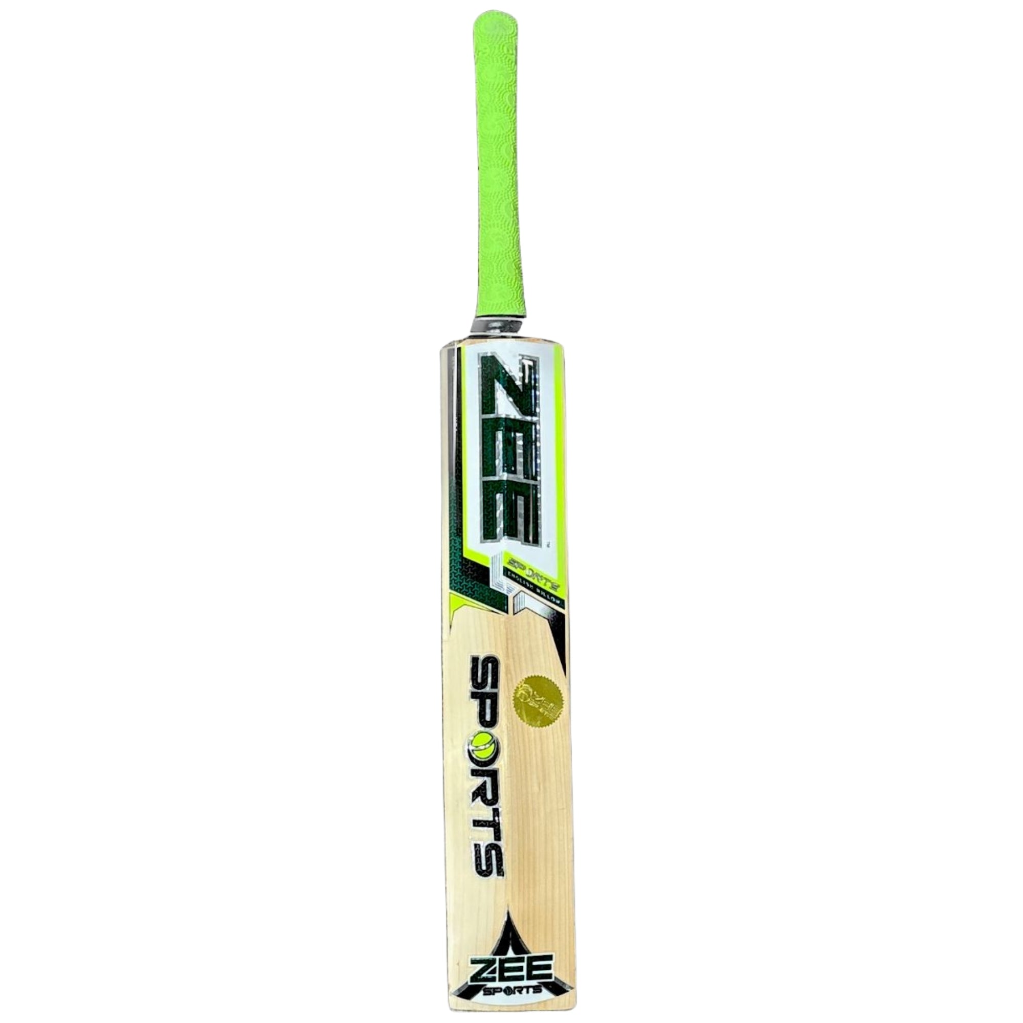 Cricket bat with green handle and 'Zee Sports' branding on a white background