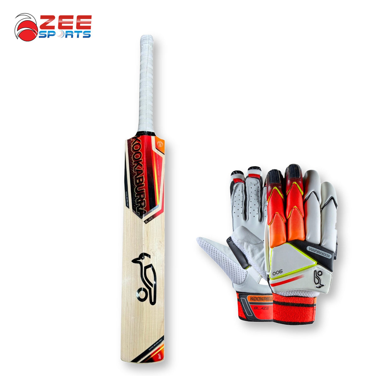 Kookaburra Blaze 2000 A+ Grade Player's Edition bat and Blaze 900 batting gloves bundle, front view
