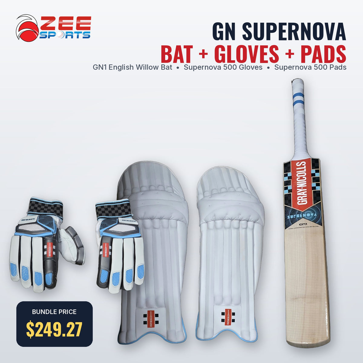 Gray Nicolls Supernova bat, gloves and pads bundle - $249.27