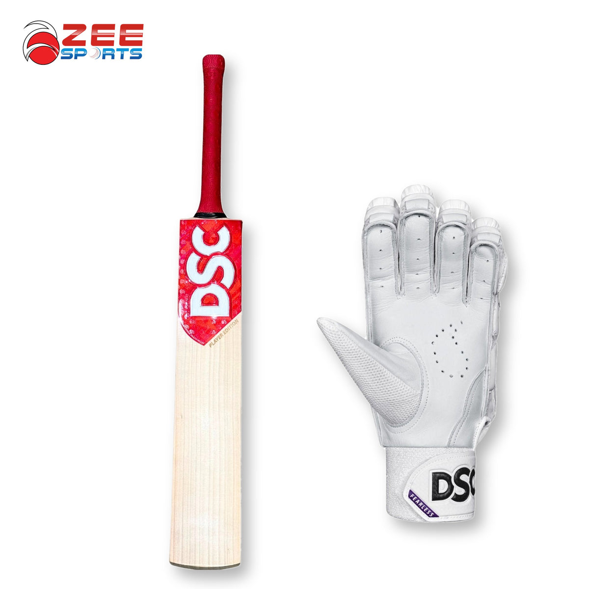 Back of DSC Flip Rory Burns English Willow bat with DSC Blue3000 batting glove palm