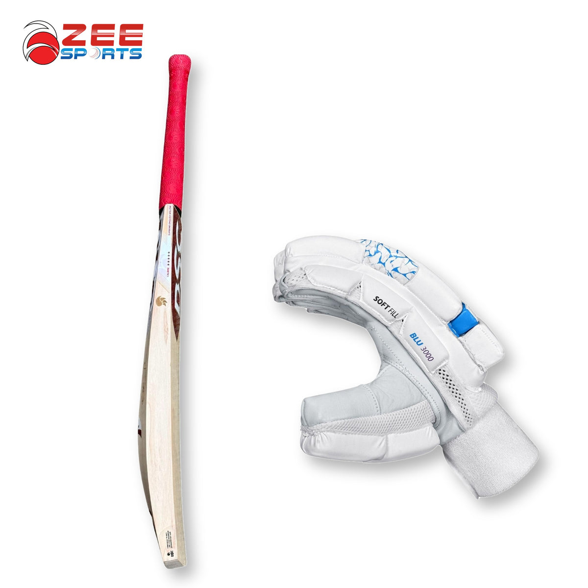 Edge profile of DSC Flip Rory Burns bat with side view of DSC Blue3000 batting glove