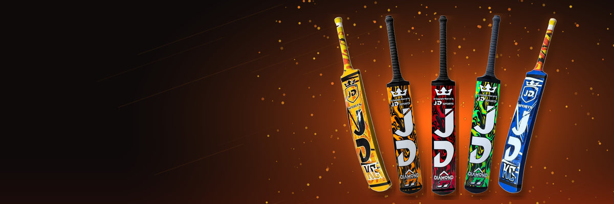 JD Sports tape tennis cricket bats on a dark, fiery background
