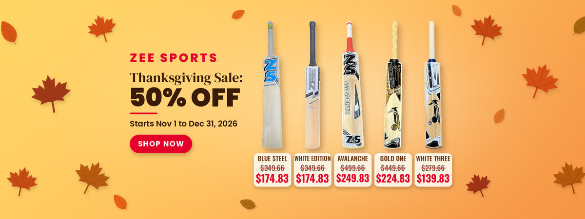 Zee Sports Thanksgiving Sale: 50% off Blue Steel, White Edition, Avalanche, Woodpecker Gold One and Woodpecker White Three bats. Starts Nov 1 to Dec 31, 2026. Shop now.