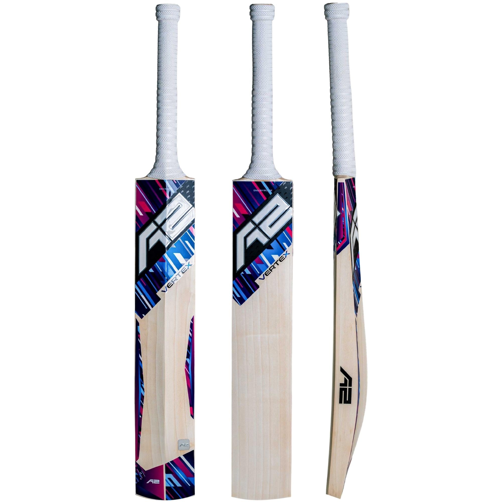 Comprehensive views of the A2 Vertex Grade-2 English Willow cricket bat, showcasing its semi-flat face, high spine, thick edges, semi duckbill charge profile, and premium craftsmanship for a perfect blend of power and control.