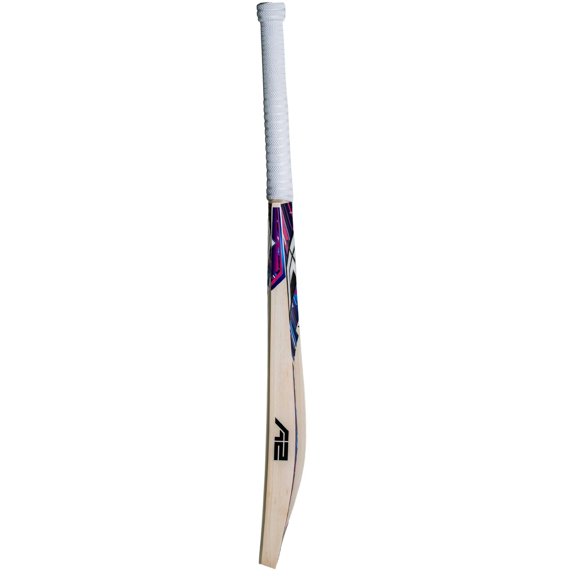 Left side view of the A2 Vertex Grade-2 cricket bat, featuring its extended bow and precise craftsmanship for light pick-up and superior control on the field.