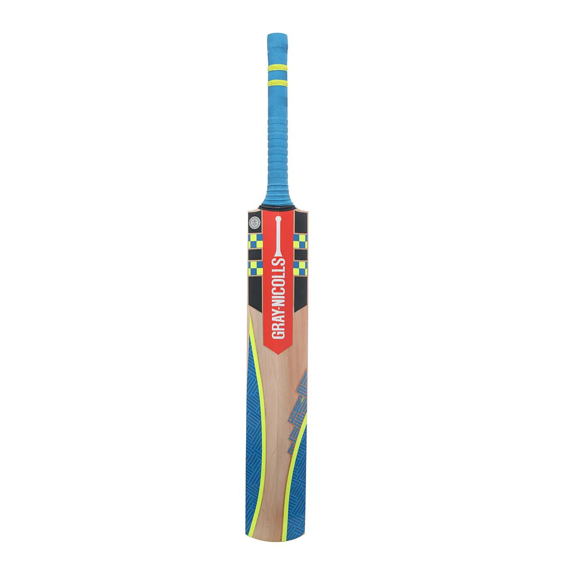 Front view of the Gray Nicolls Omega XRD GN3 English Willow cricket bat, showcasing the sleek blade design and premium English willow construction for all-around performance.